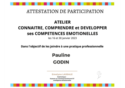 Attestation de participation à l'atelier : Connaître, comprendre et developper ses compétences émotionnelles